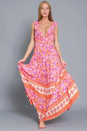 Floral Print V-Neck Maxi Dress