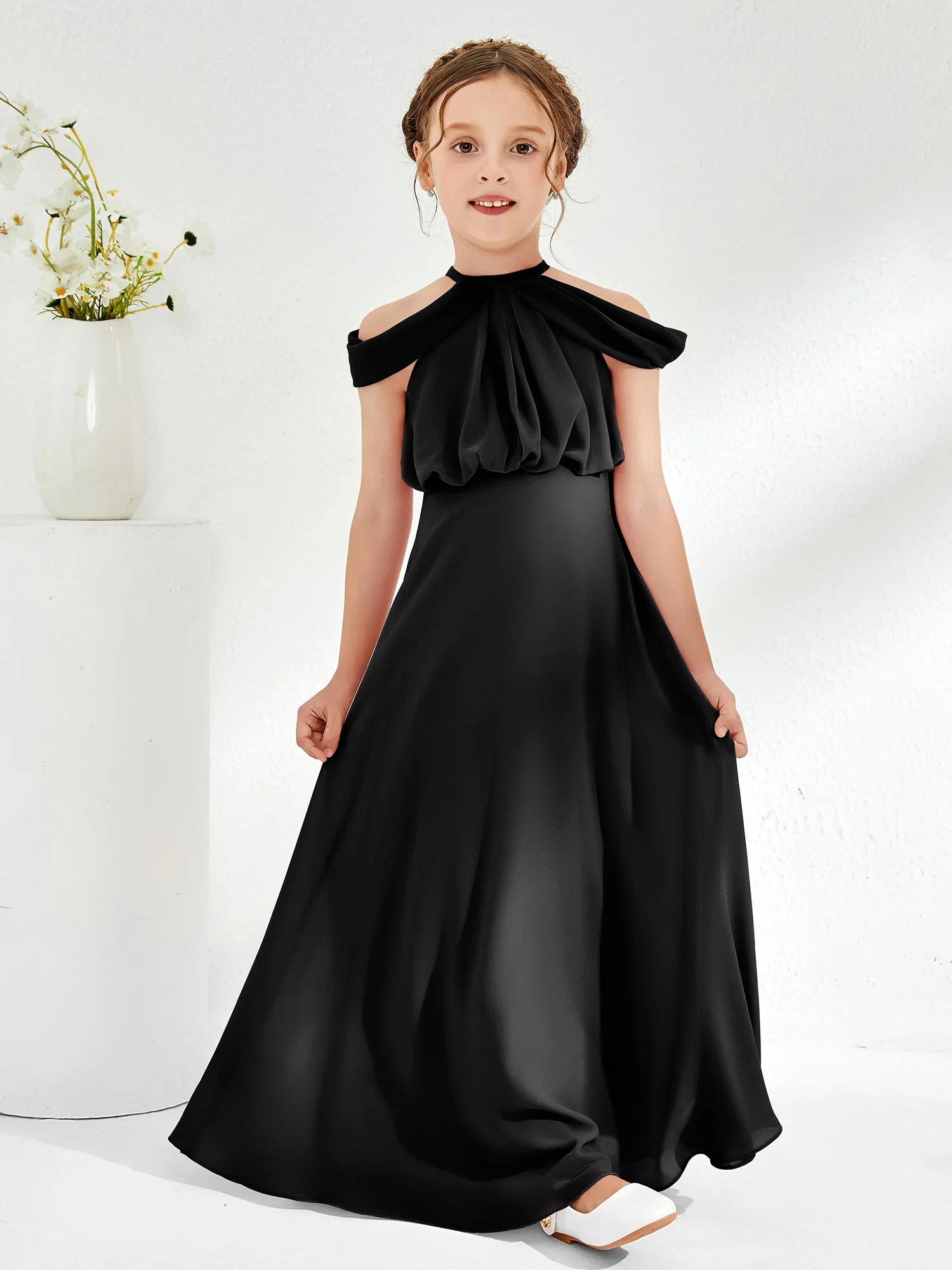 Halter Off-the-shoulder Junior Bridesmaid Dress Black