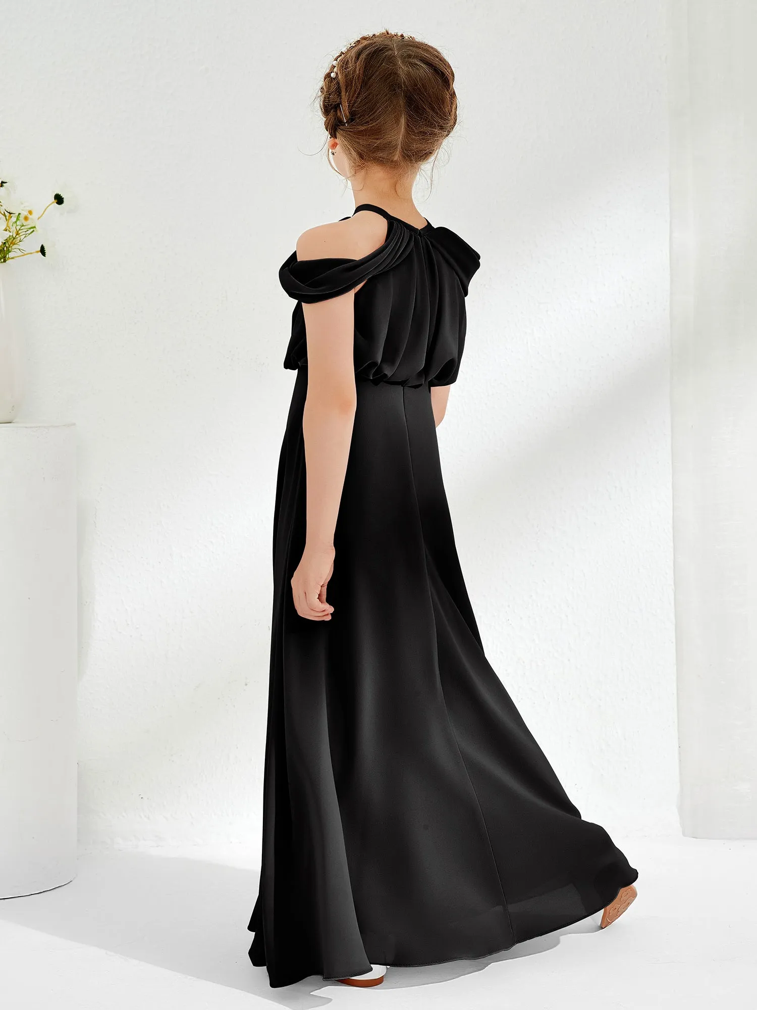 Halter Off-the-shoulder Junior Bridesmaid Dress Black