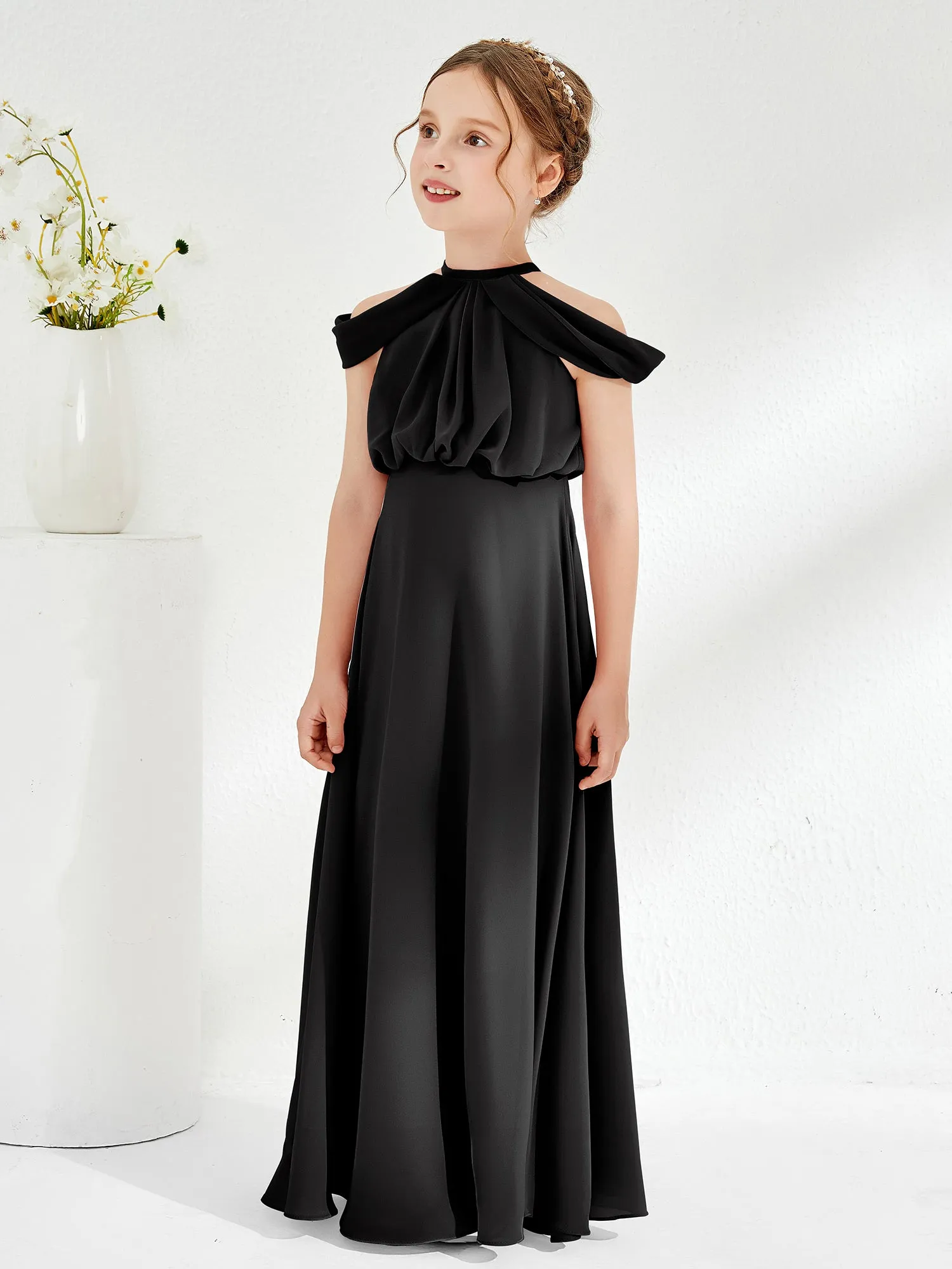 Halter Off-the-shoulder Junior Bridesmaid Dress Black