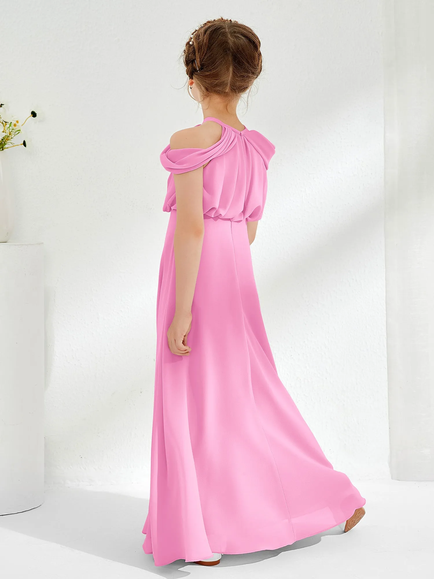 Halter Off-the-shoulder Junior Bridesmaid Dress Candy Pink
