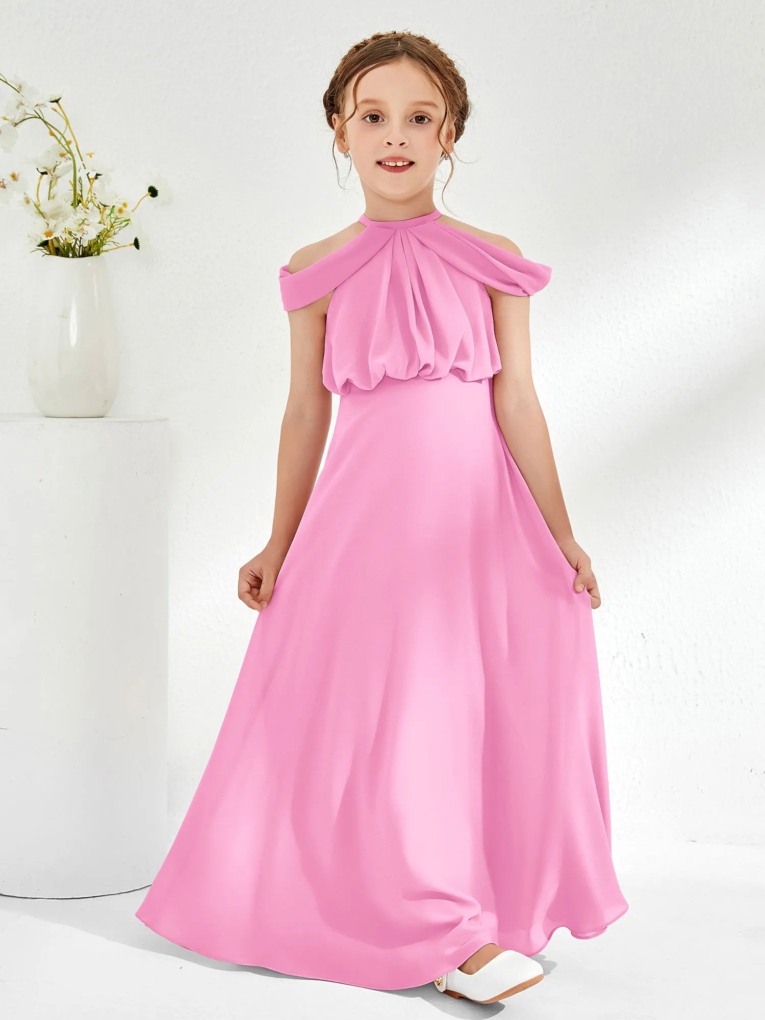 Halter Off-the-shoulder Junior Bridesmaid Dress Candy Pink