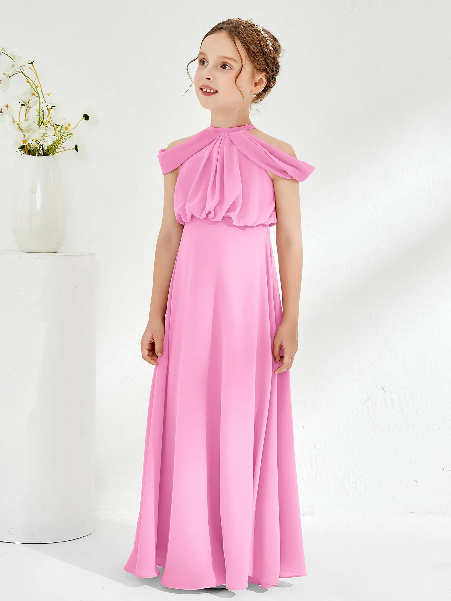 Halter Off-the-shoulder Junior Bridesmaid Dress Candy Pink