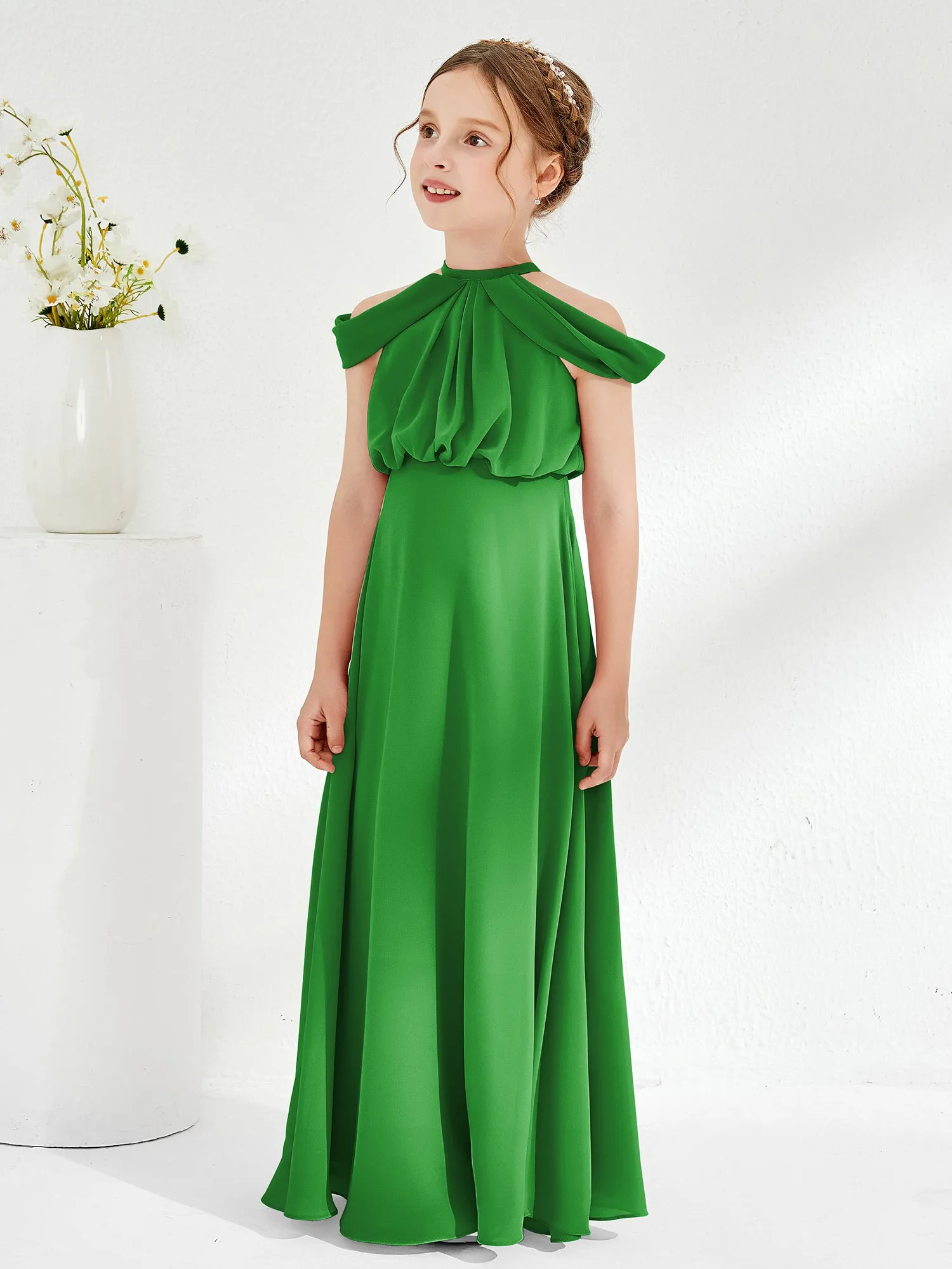Halter Off-the-shoulder Junior Bridesmaid Dress Green