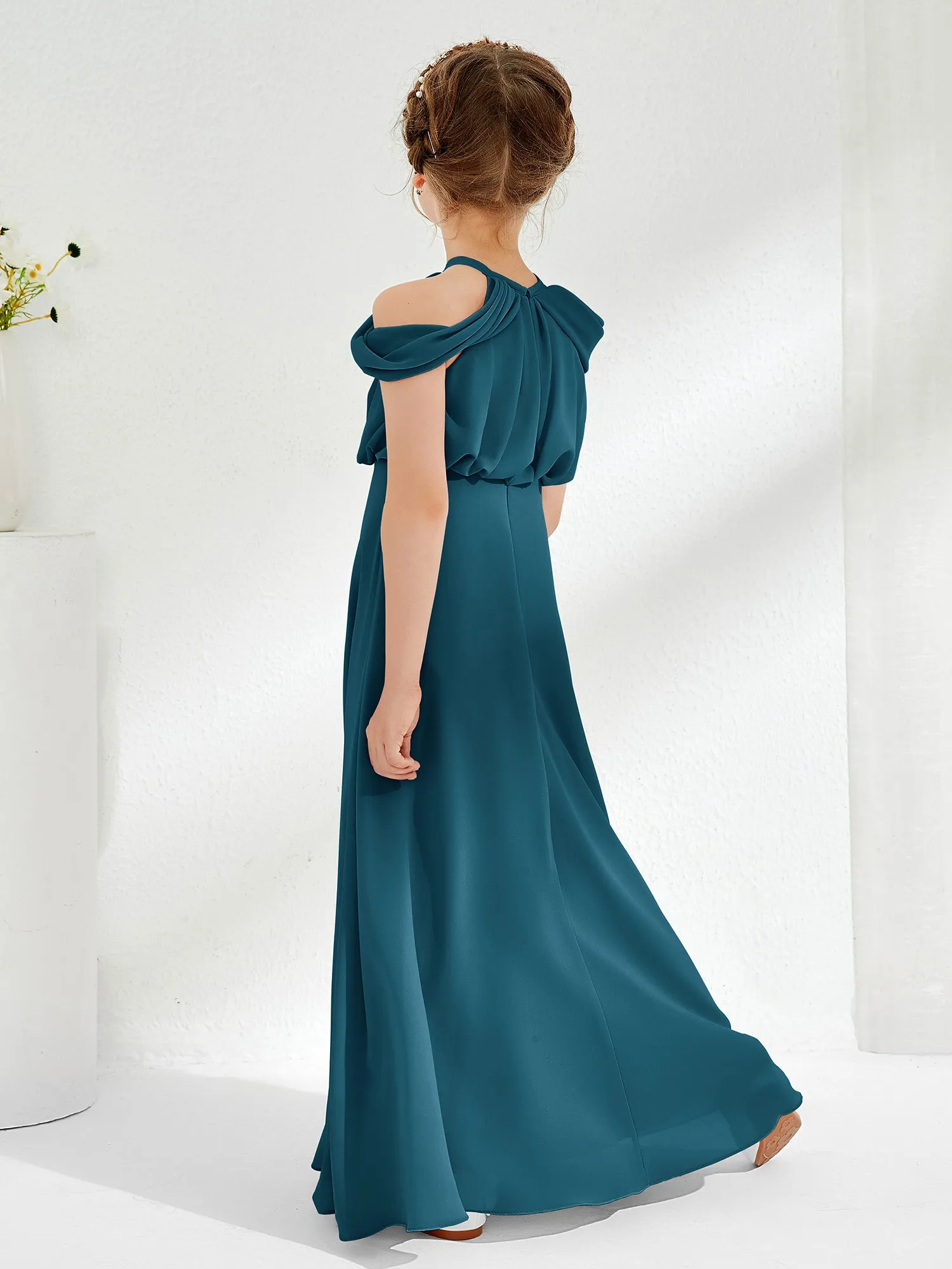 Halter Off-the-shoulder Junior Bridesmaid Dress Ink Blue