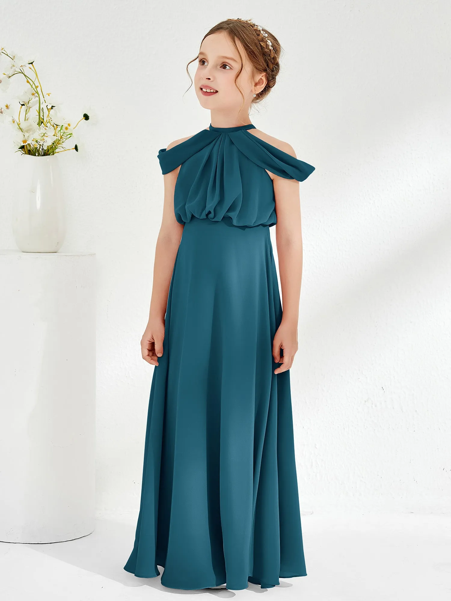Halter Off-the-shoulder Junior Bridesmaid Dress Ink Blue