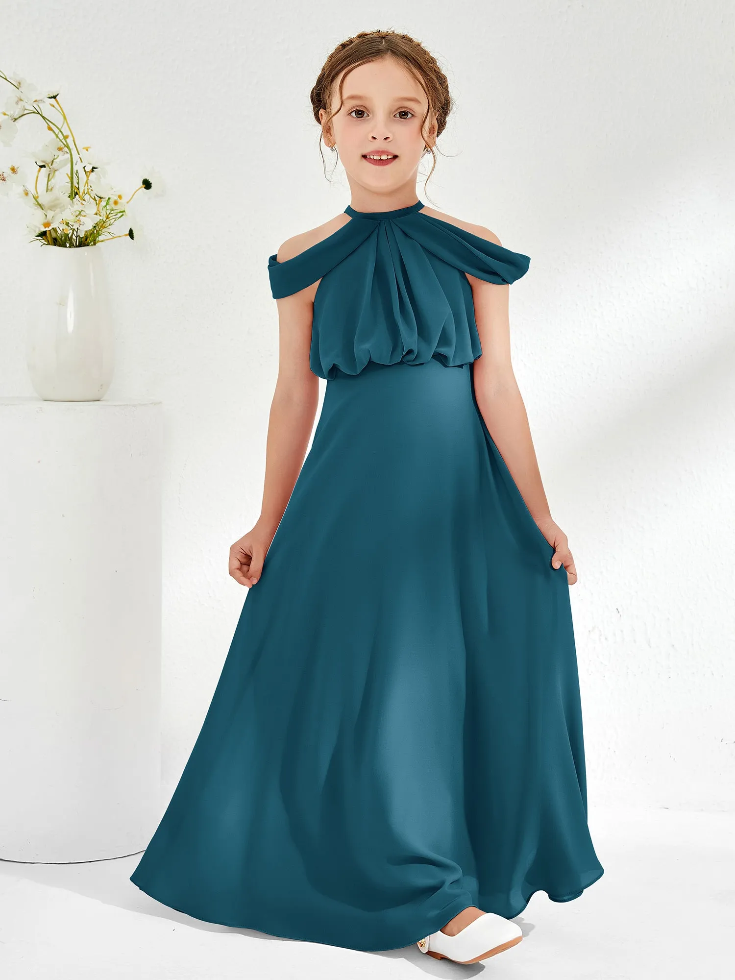 Halter Off-the-shoulder Junior Bridesmaid Dress Ink Blue