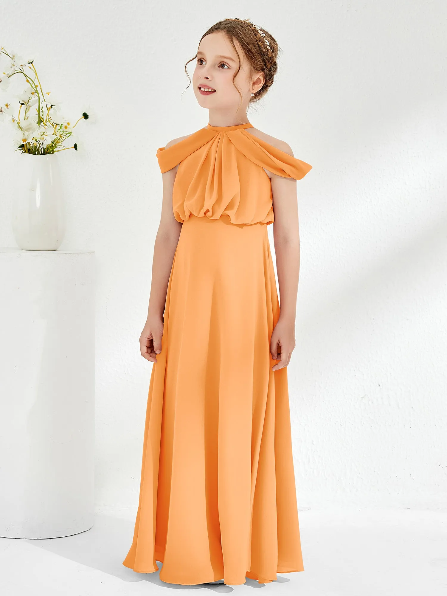 Halter Off-the-shoulder Junior Bridesmaid Dress Orange