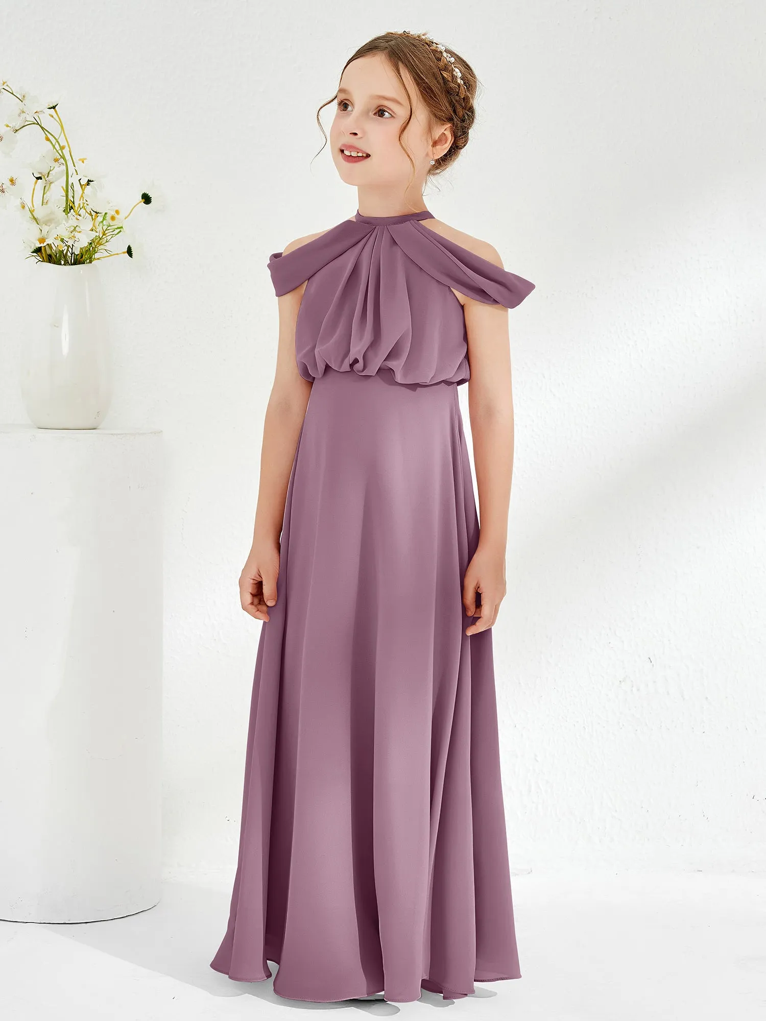 Halter Off-the-shoulder Junior Bridesmaid Dress Wisteria