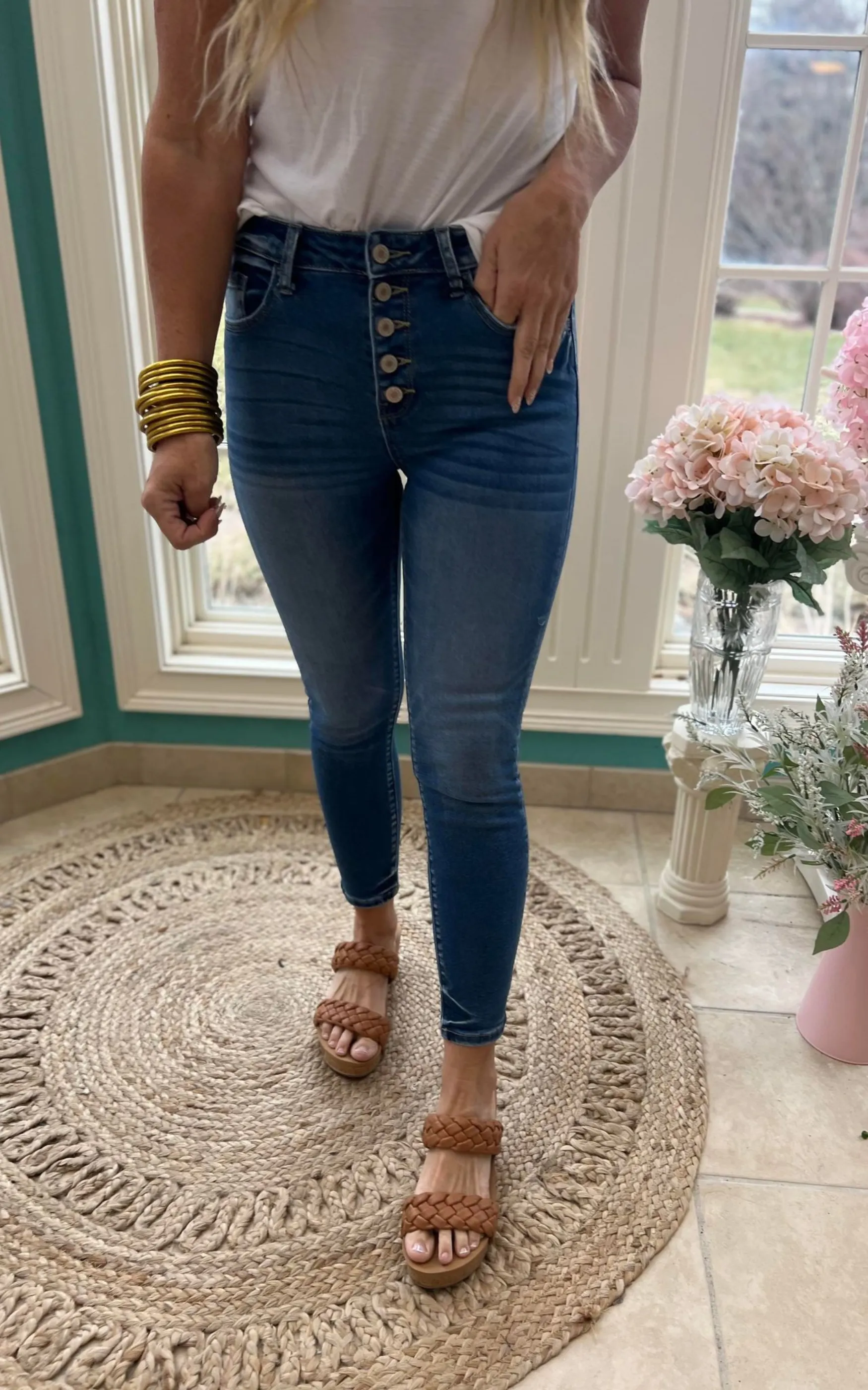 High Rise Button Fly Ankle Skinny Denim Jeans | FINAL SALE