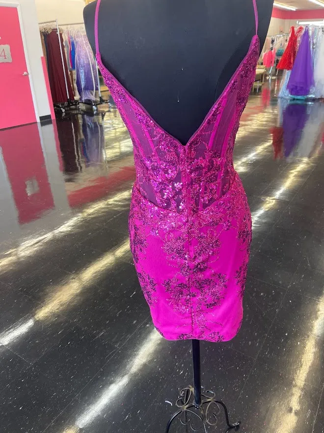 Jovani 04699 Size 4 Berry Short Fitted Sheer Glitter Homecoming Formal Dress V Neck Cocktail Dress