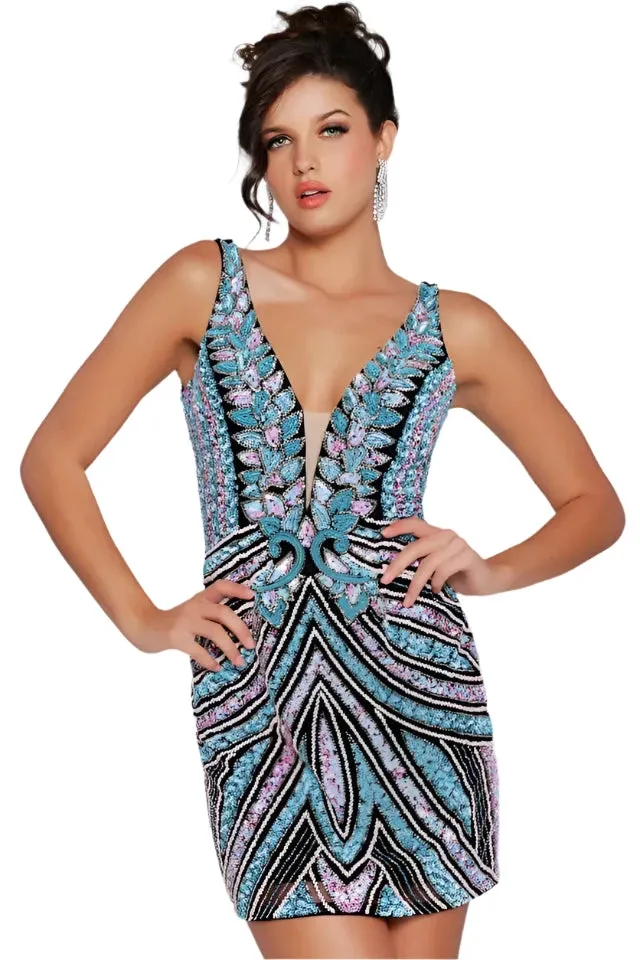 Jovani 25925 Size 12 Purple Short Beaded Cocktail Dress V Neck Fitted Prom Homecoming Gown