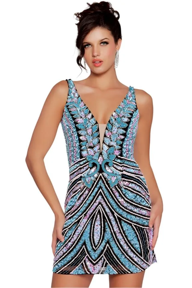 Jovani 25925 Size 12 Purple Short Beaded Cocktail Dress V Neck Fitted Prom Homecoming Gown