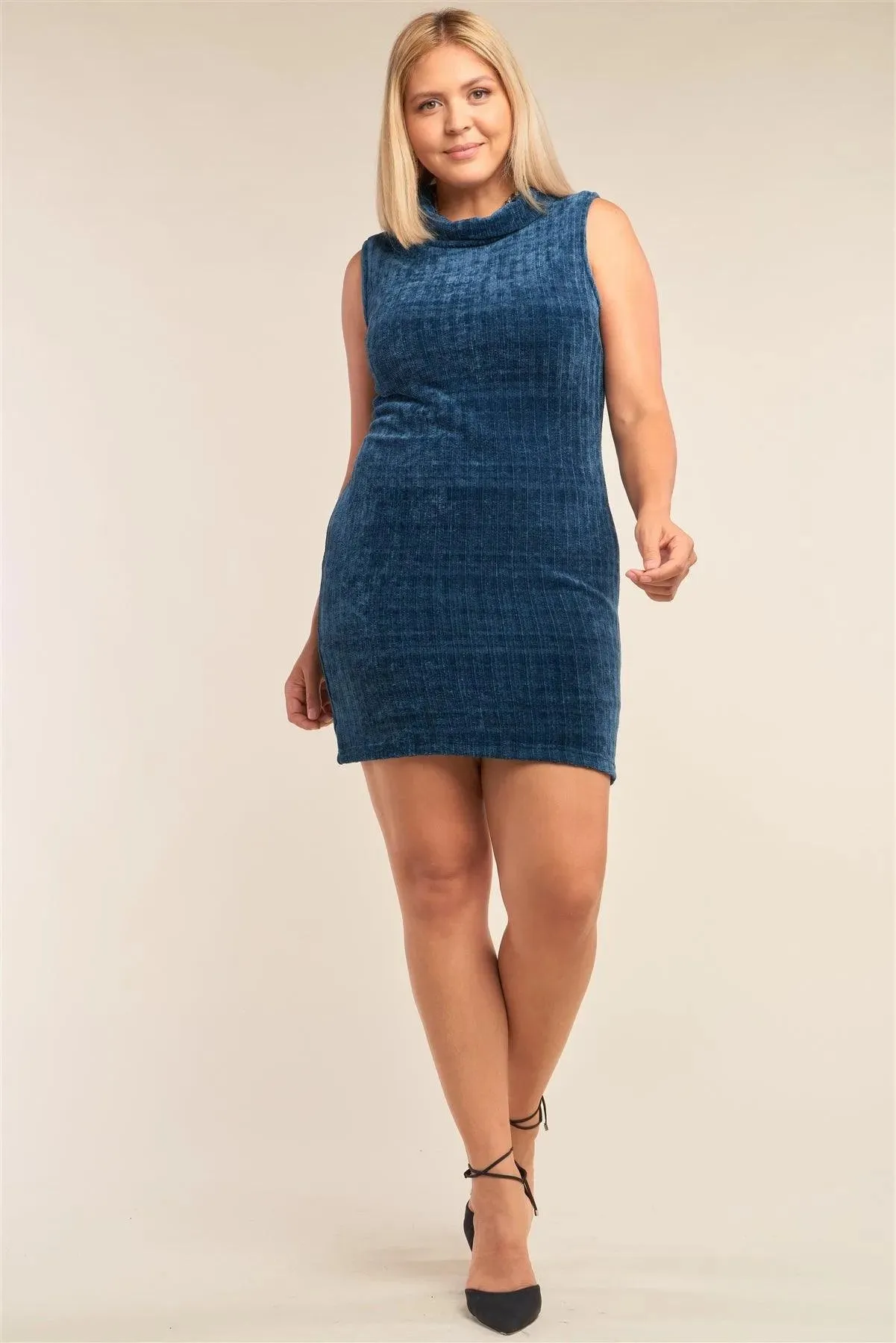 Junior Plus Size Teal Sleeveless Ribbed Knit Semi-Turtleneck Mini Dress /2-2-2