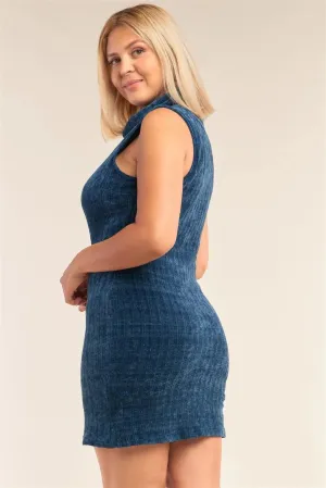 Junior Plus Size Teal Sleeveless Ribbed Knit Semi-Turtleneck Mini Dress /2-2-2