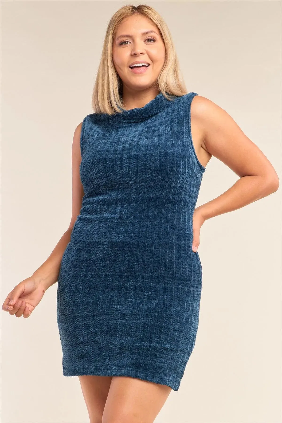 Junior Plus Size Teal Sleeveless Ribbed Knit Semi-Turtleneck Mini Dress /2-2-2