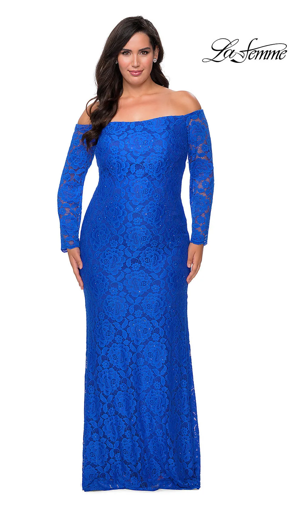 La Femme Long Lace Plus-Size Formal Prom Dress