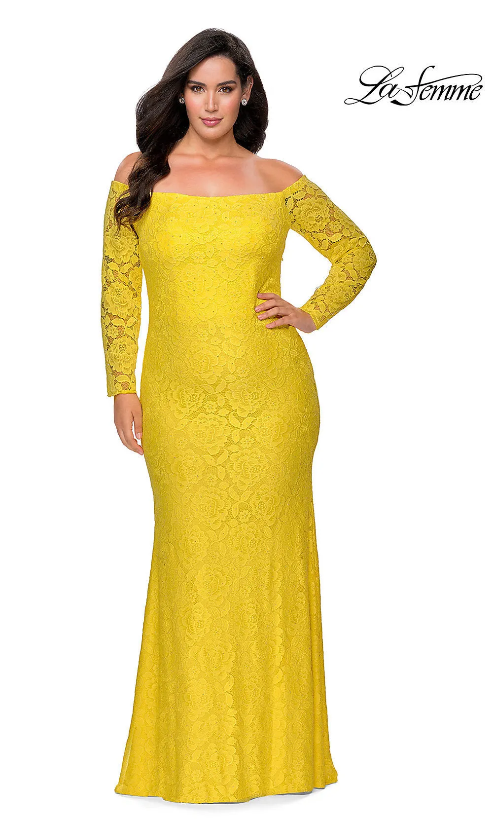 La Femme Long Lace Plus-Size Formal Prom Dress