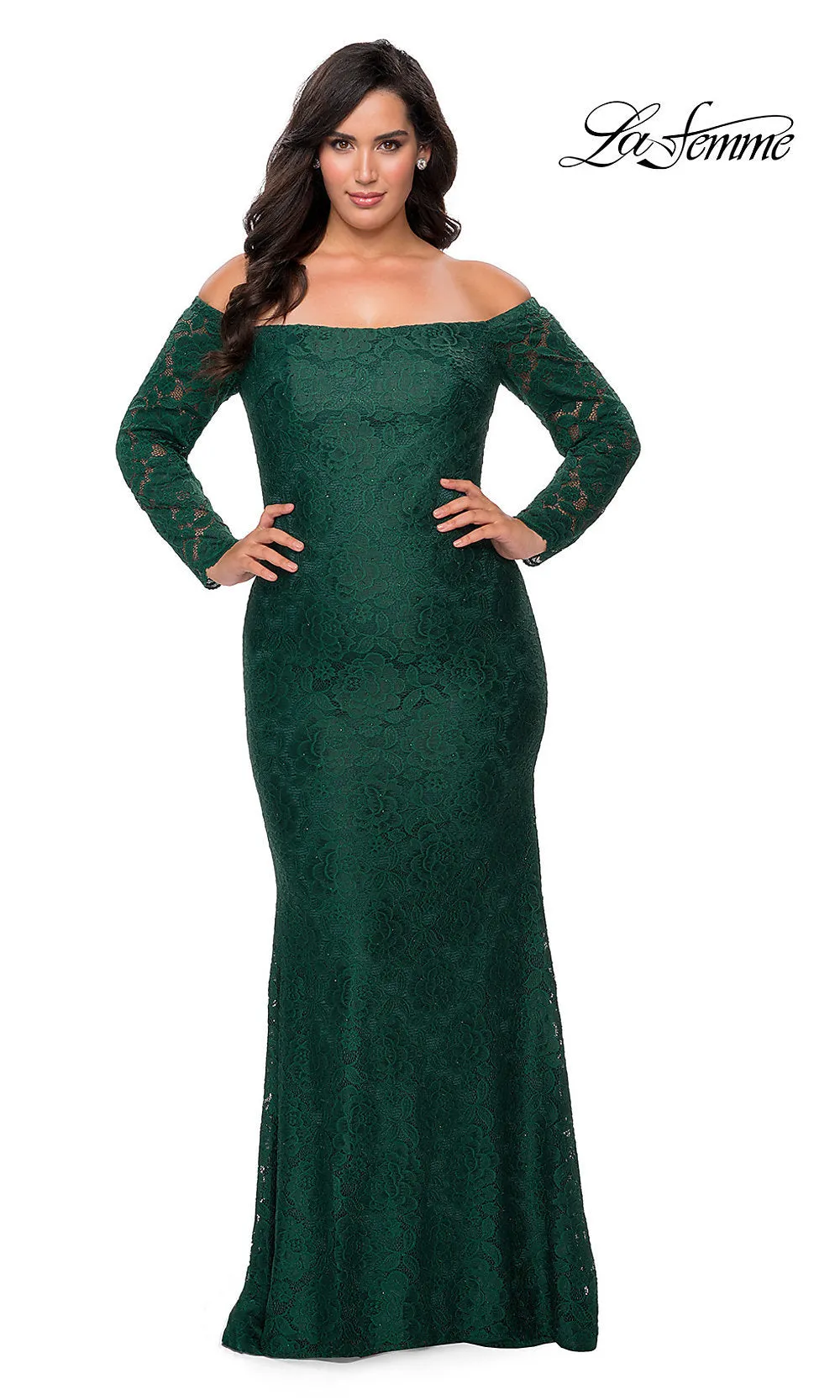 La Femme Long Lace Plus-Size Formal Prom Dress