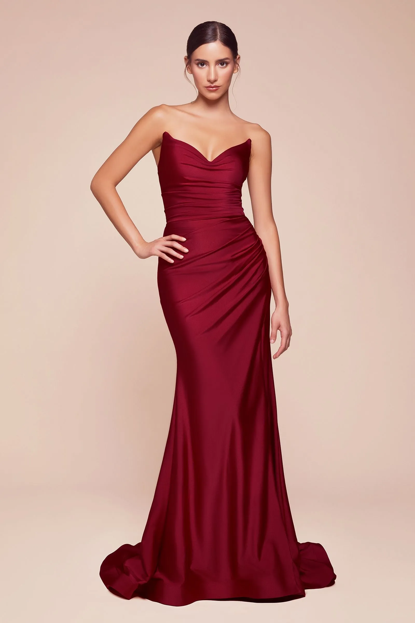 Ladivine CD791 Dress Strapless Stretch Satin Fitted Gown with Slit
