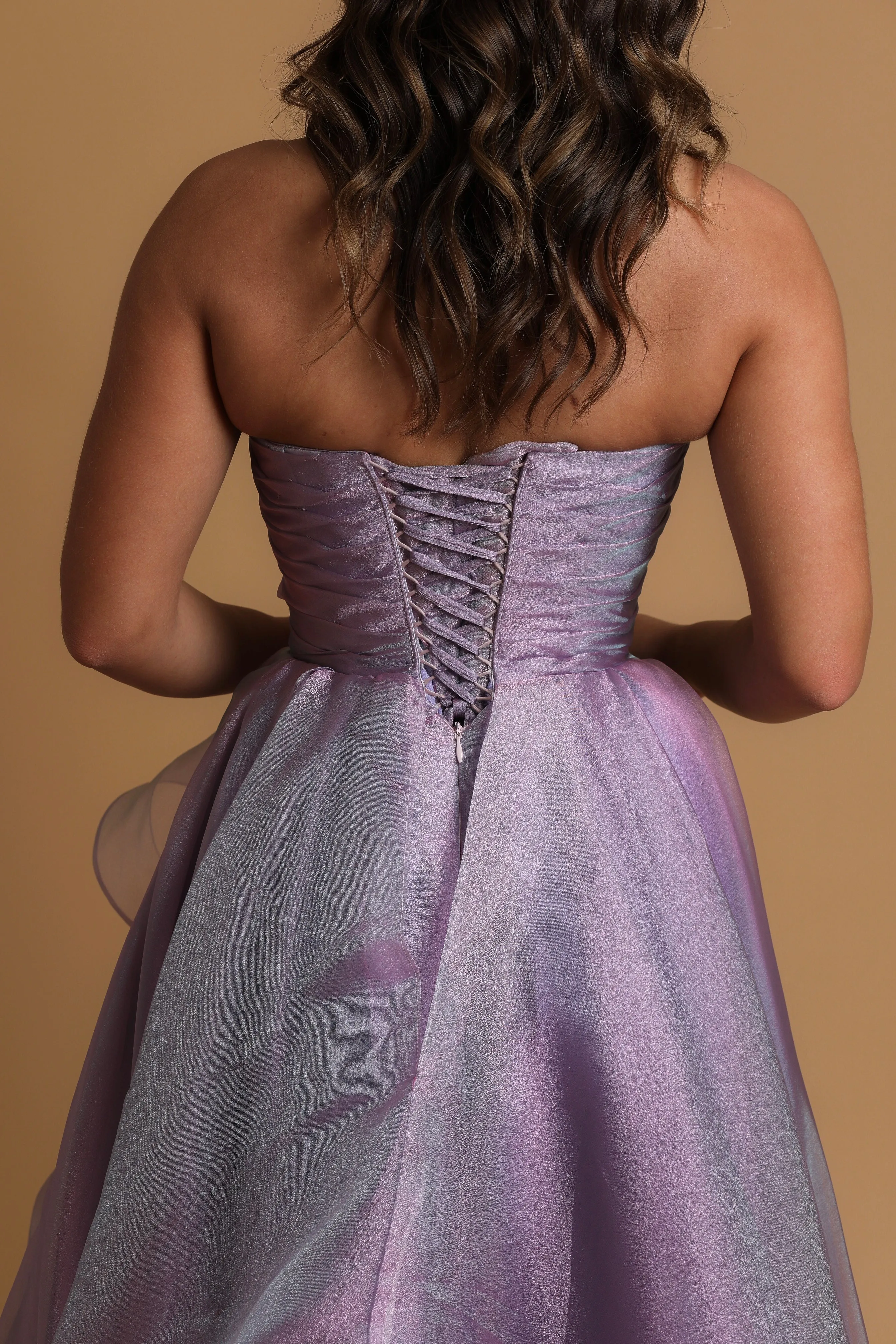 Lilac Organza ruffled dress with lace up back