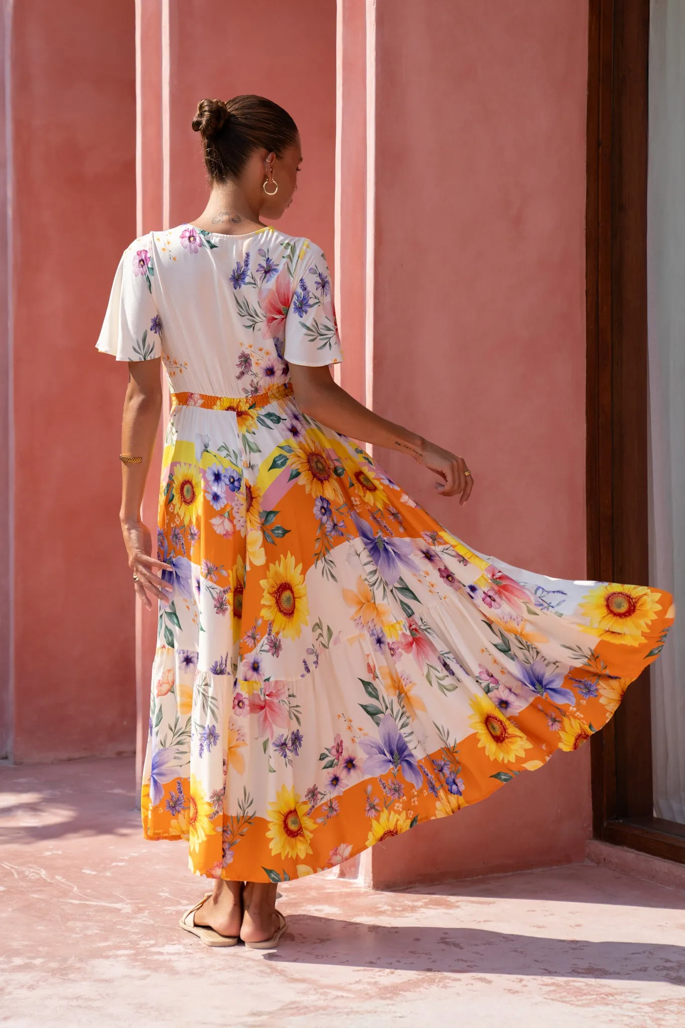 Liora Yellow Floral V-Neck Midi Dress