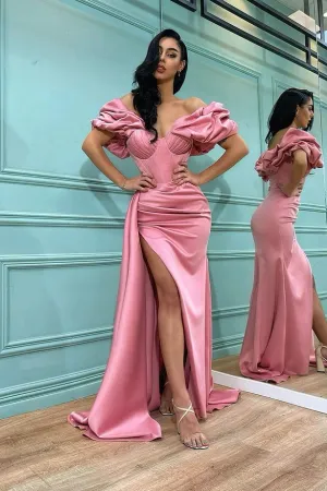 Long Off the Shoulder Satin Mermaid Prom Dress with Split Front