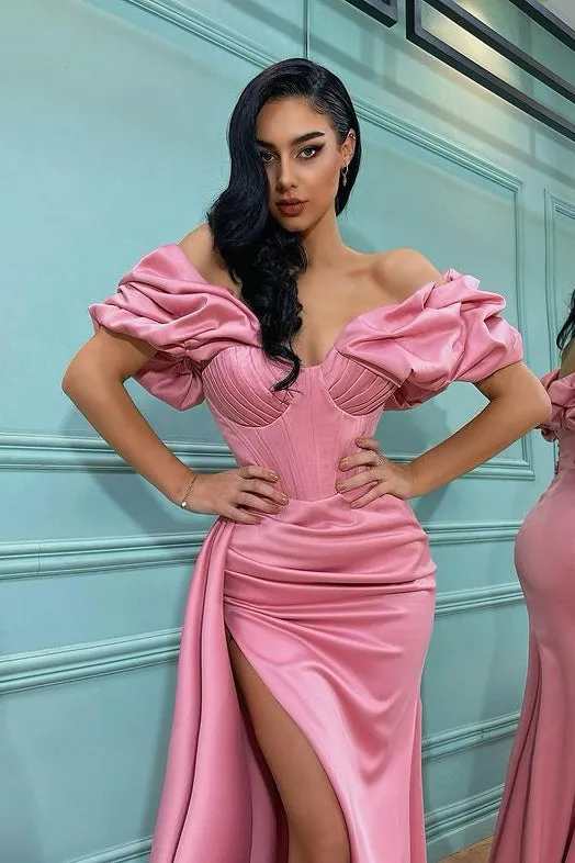 Long Off the Shoulder Satin Mermaid Prom Dress with Split Front