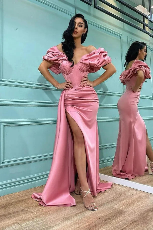 Long Off the Shoulder Satin Mermaid Prom Dress with Split Front