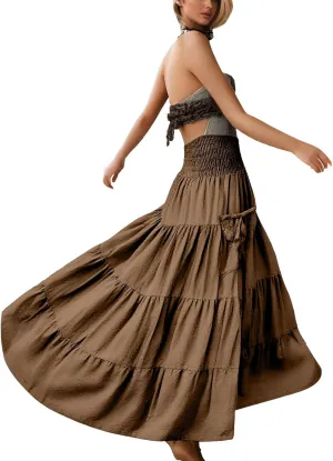 Maxi Boho Skirt Dresses for Women Long Cotton Hippie Bohemian Elastic Waist Gypsy Skirt Adjustable Dress Pockets