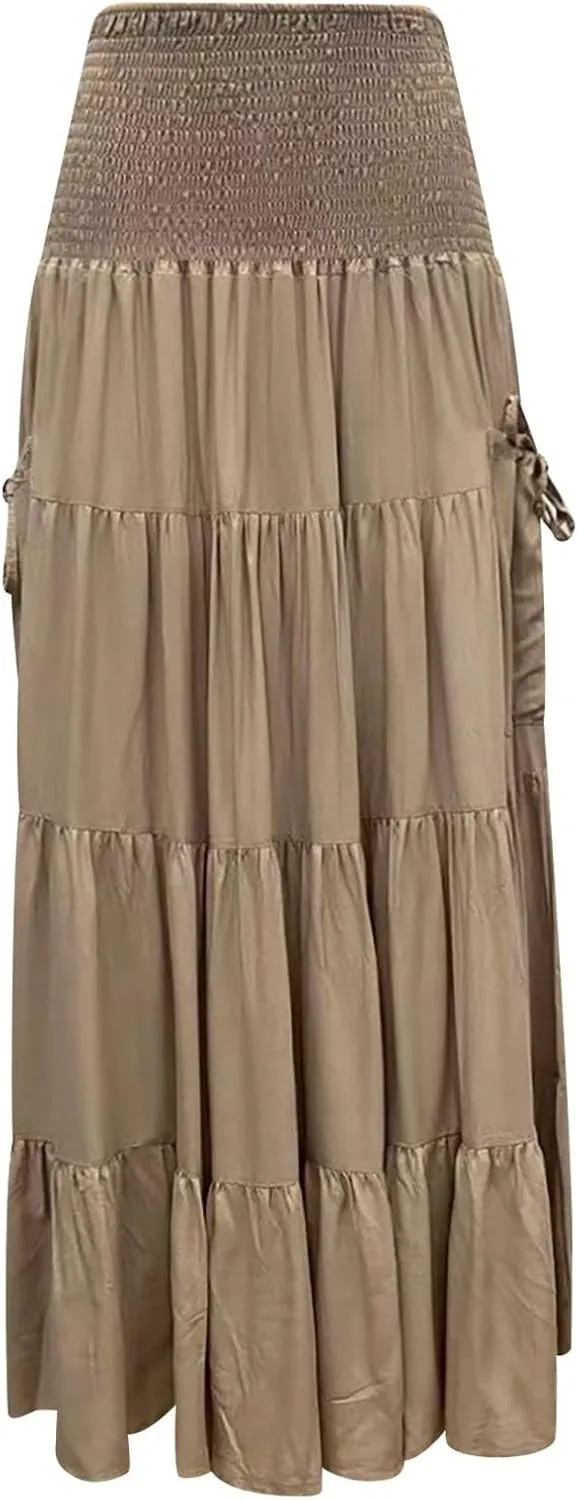 Maxi Boho Skirt Dresses for Women Long Cotton Hippie Bohemian Elastic Waist Gypsy Skirt Adjustable Dress Pockets