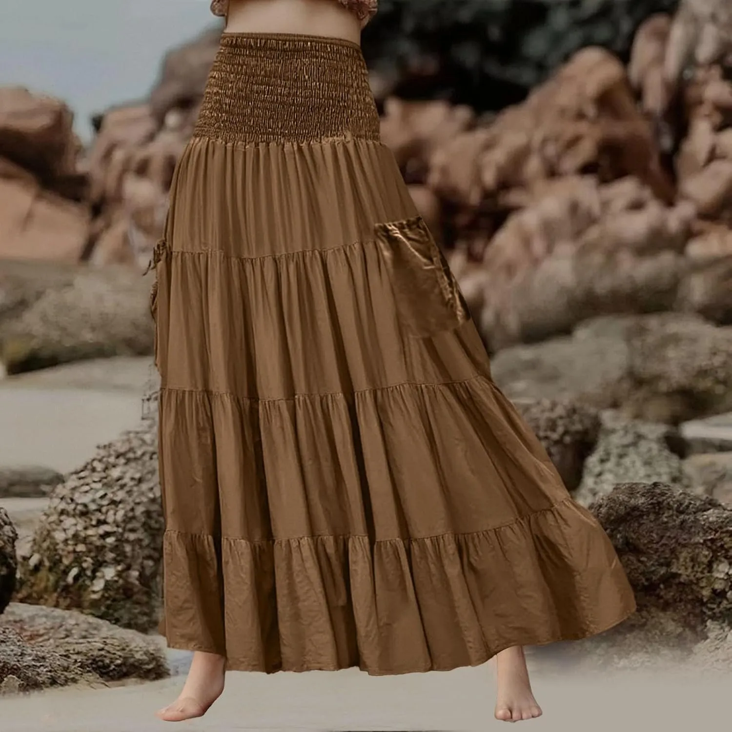 Maxi Boho Skirt Dresses for Women Long Cotton Hippie Bohemian Elastic Waist Gypsy Skirt Adjustable Dress Pockets