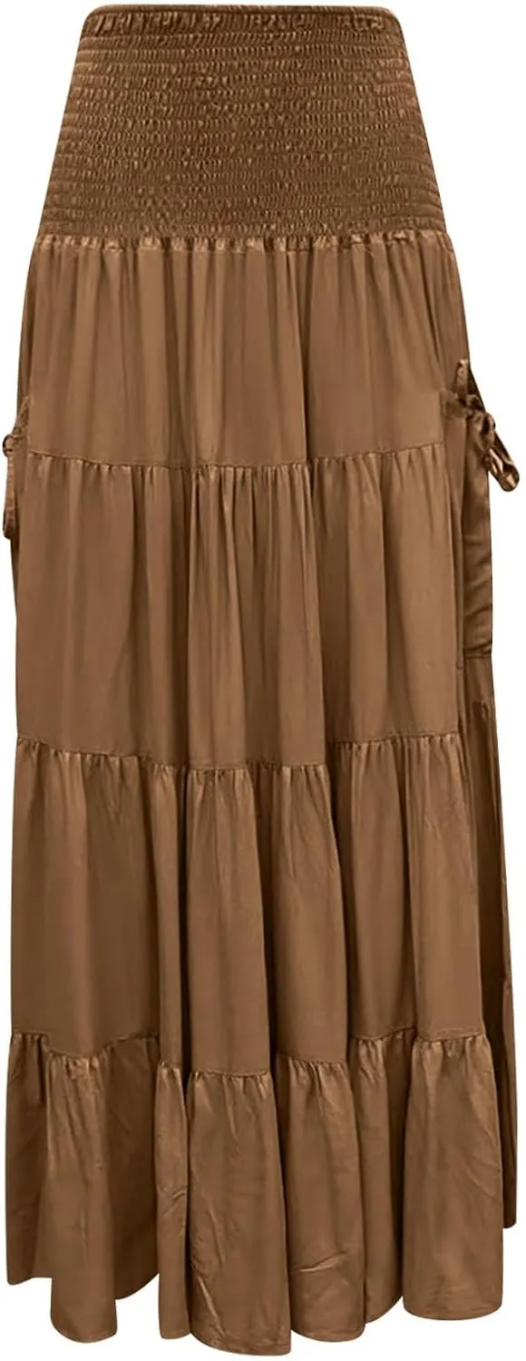 Maxi Boho Skirt Dresses for Women Long Cotton Hippie Bohemian Elastic Waist Gypsy Skirt Adjustable Dress Pockets