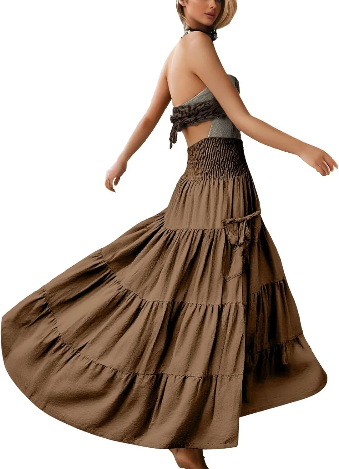 Maxi Boho Skirt Dresses for Women Long Cotton Hippie Bohemian Elastic Waist Gypsy Skirt Adjustable Dress Pockets