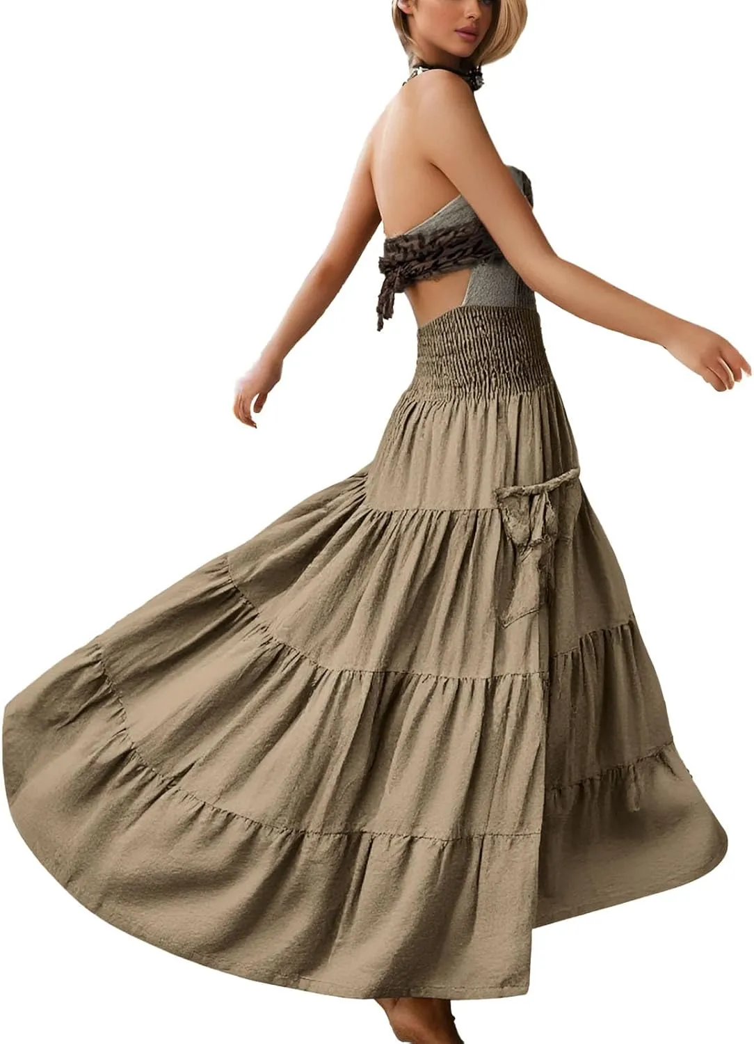 Maxi Boho Skirt Dresses for Women Long Cotton Hippie Bohemian Elastic Waist Gypsy Skirt Adjustable Dress Pockets