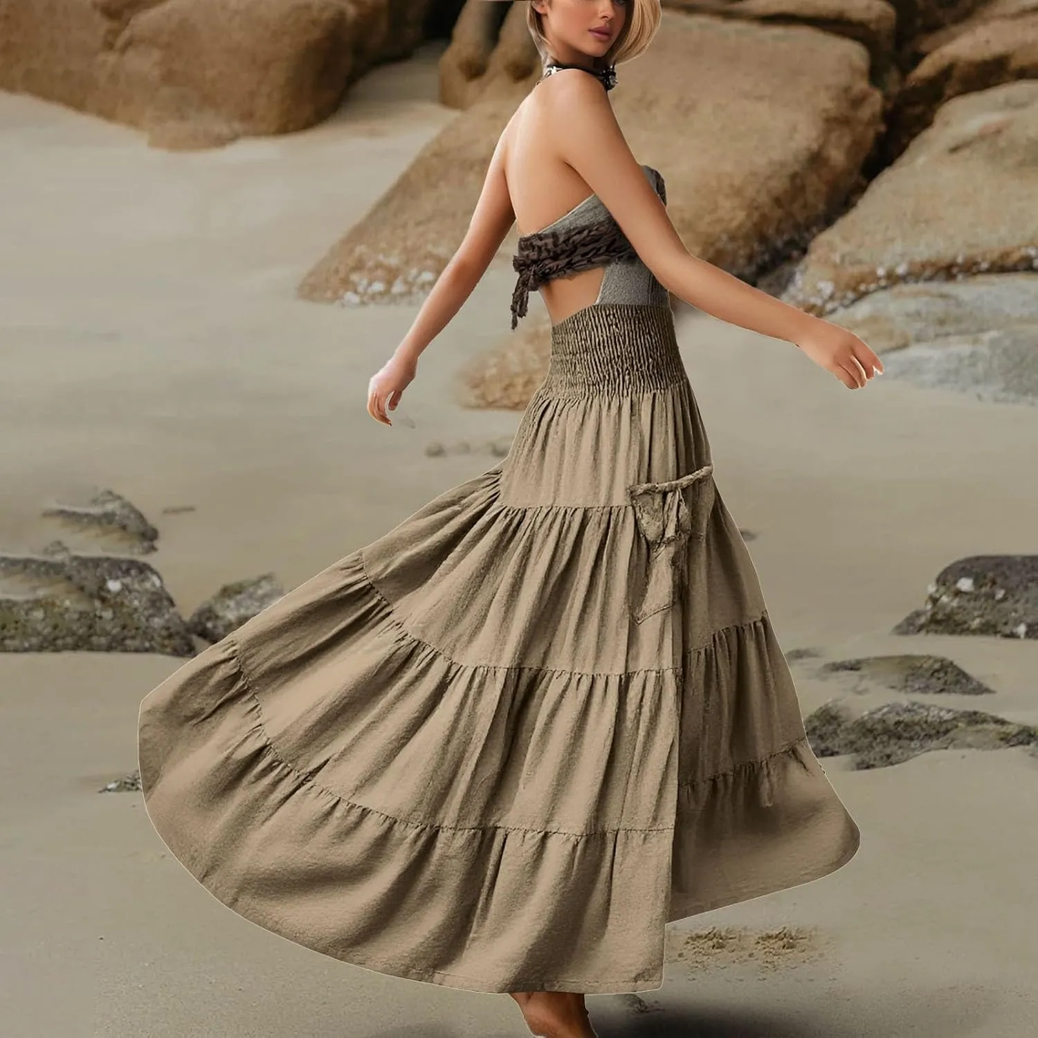 Maxi Boho Skirt Dresses for Women Long Cotton Hippie Bohemian Elastic Waist Gypsy Skirt Adjustable Dress Pockets