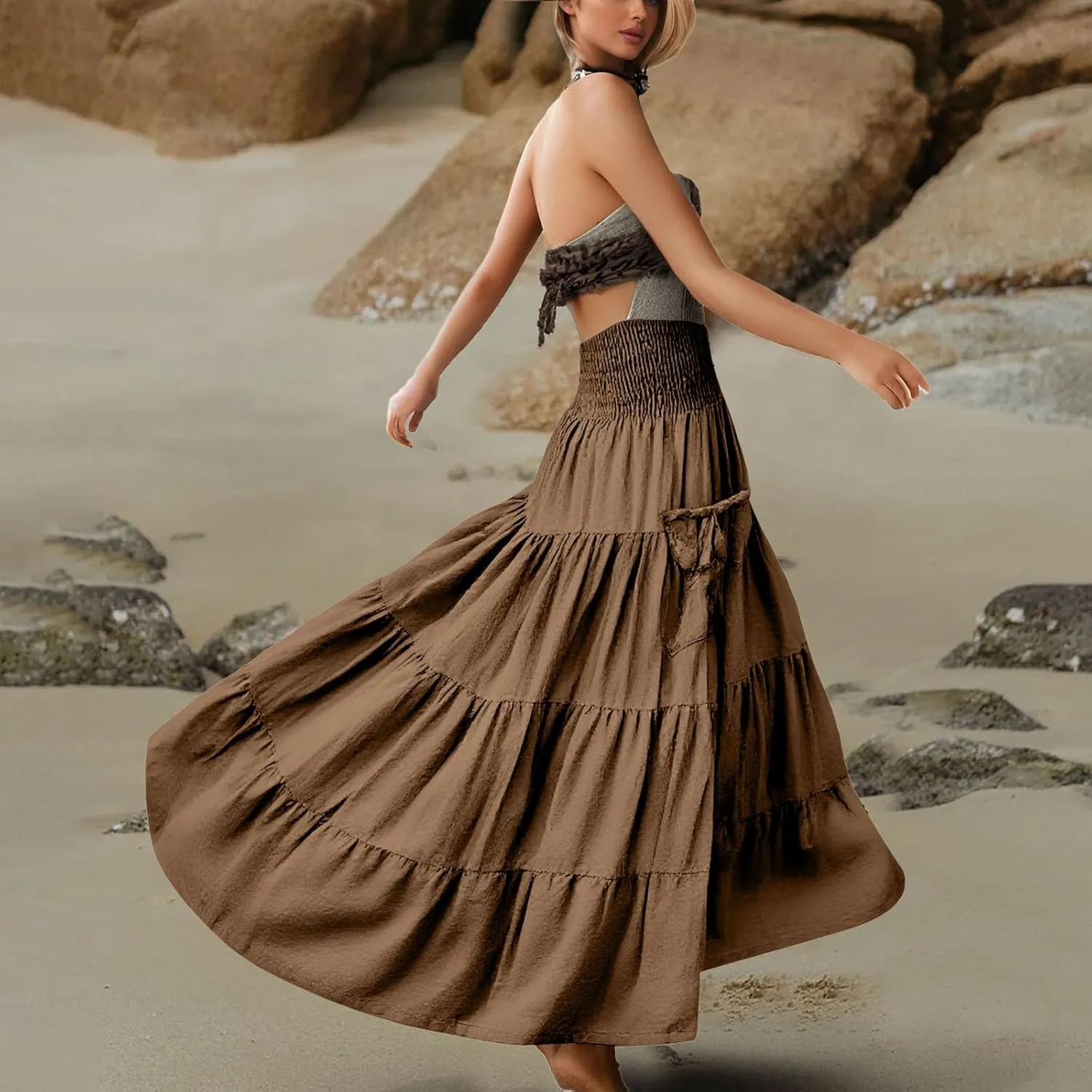 Maxi Boho Skirt Dresses for Women Long Cotton Hippie Bohemian Elastic Waist Gypsy Skirt Adjustable Dress Pockets