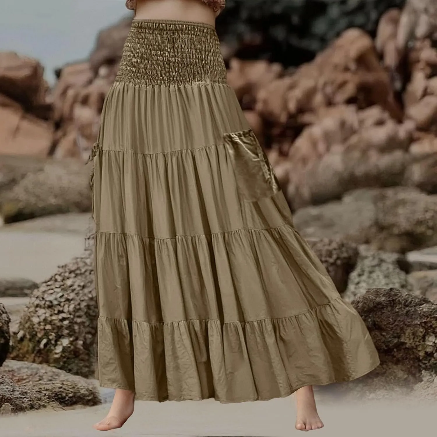 Maxi Boho Skirt Dresses for Women Long Cotton Hippie Bohemian Elastic Waist Gypsy Skirt Adjustable Dress Pockets