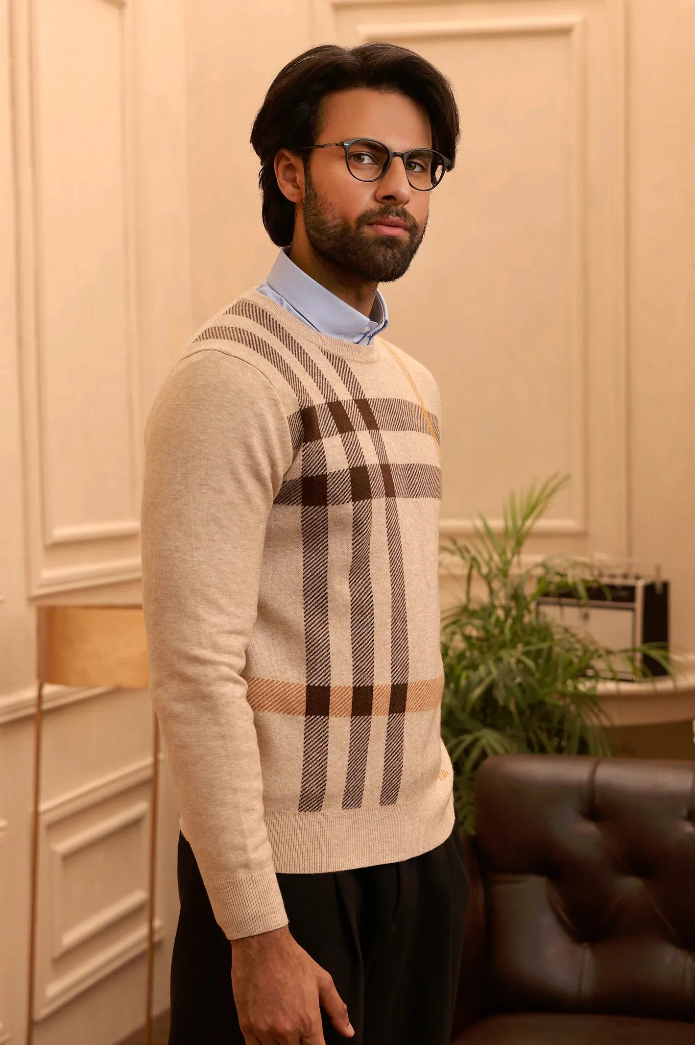 Men Beige Round Neck Sweater