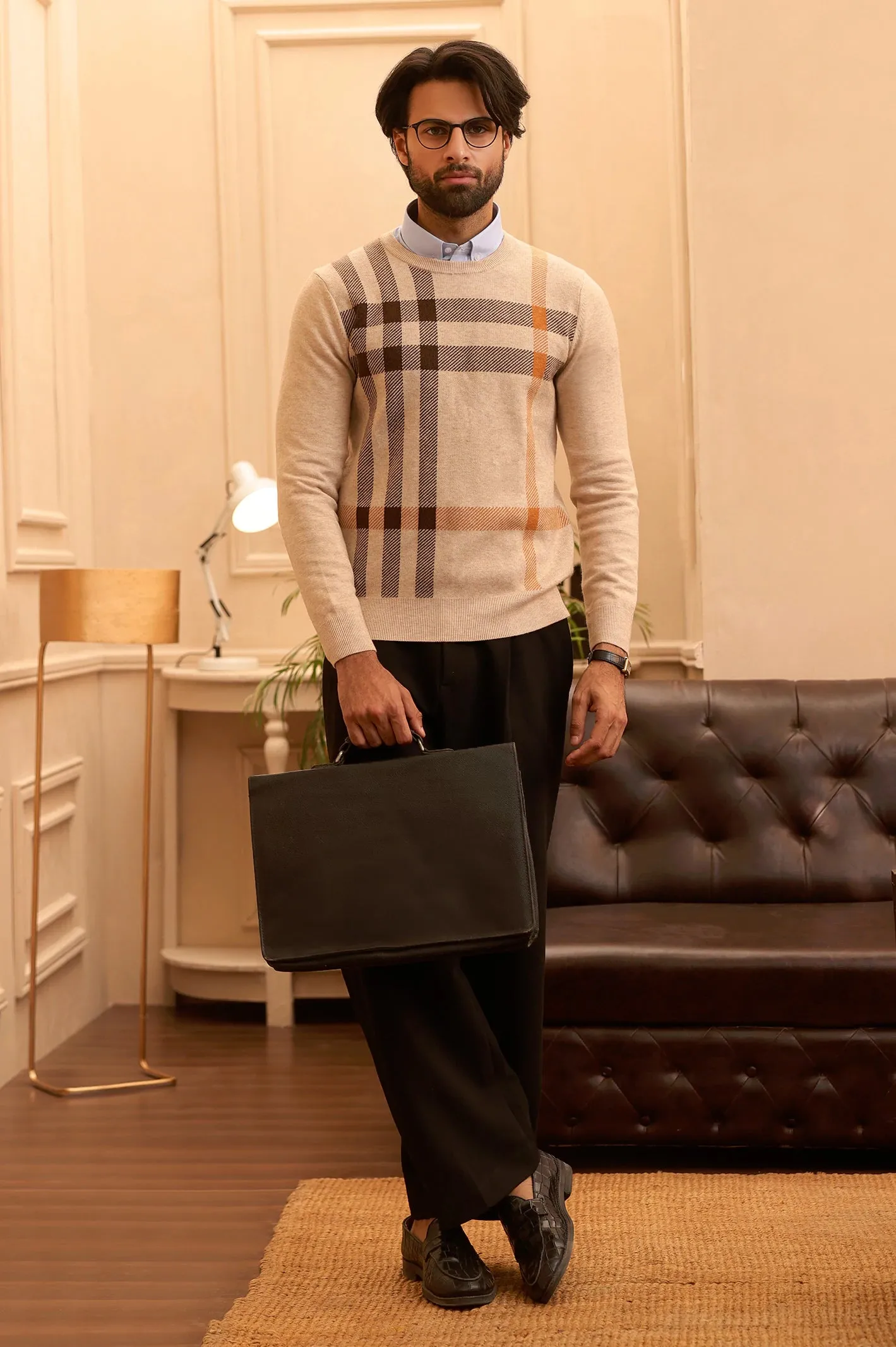 Men Beige Round Neck Sweater