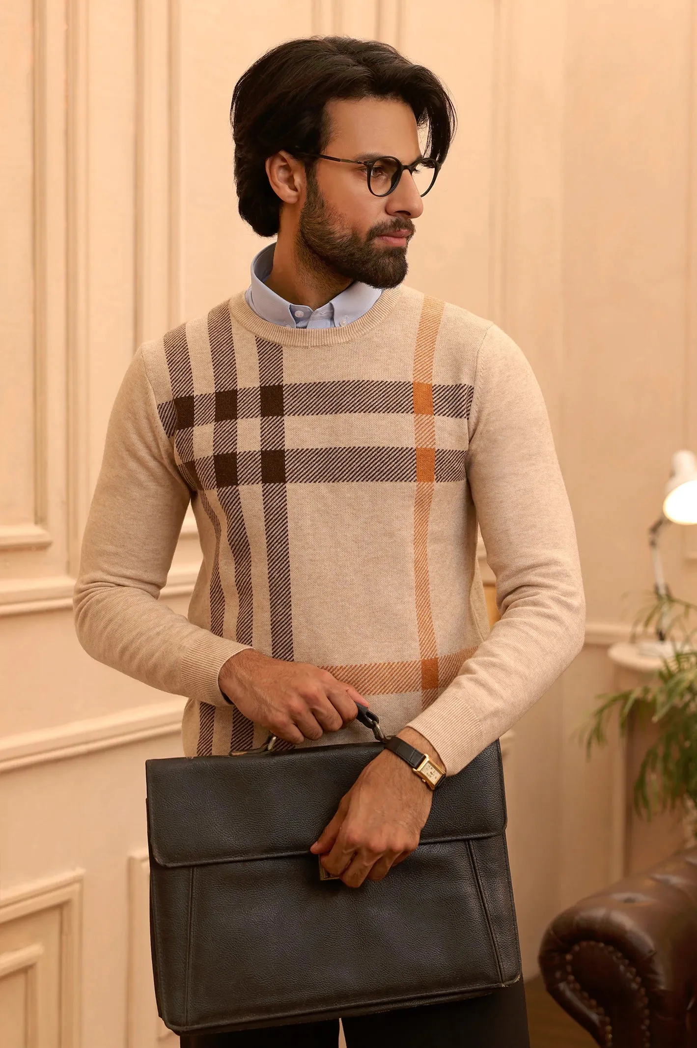 Men Beige Round Neck Sweater