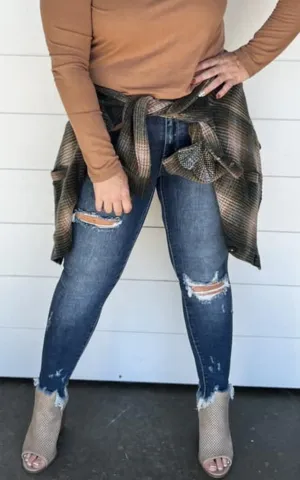 Mid Rise Raw Hem Distressed Skinny Jeans- Judy Blue - Final Sale