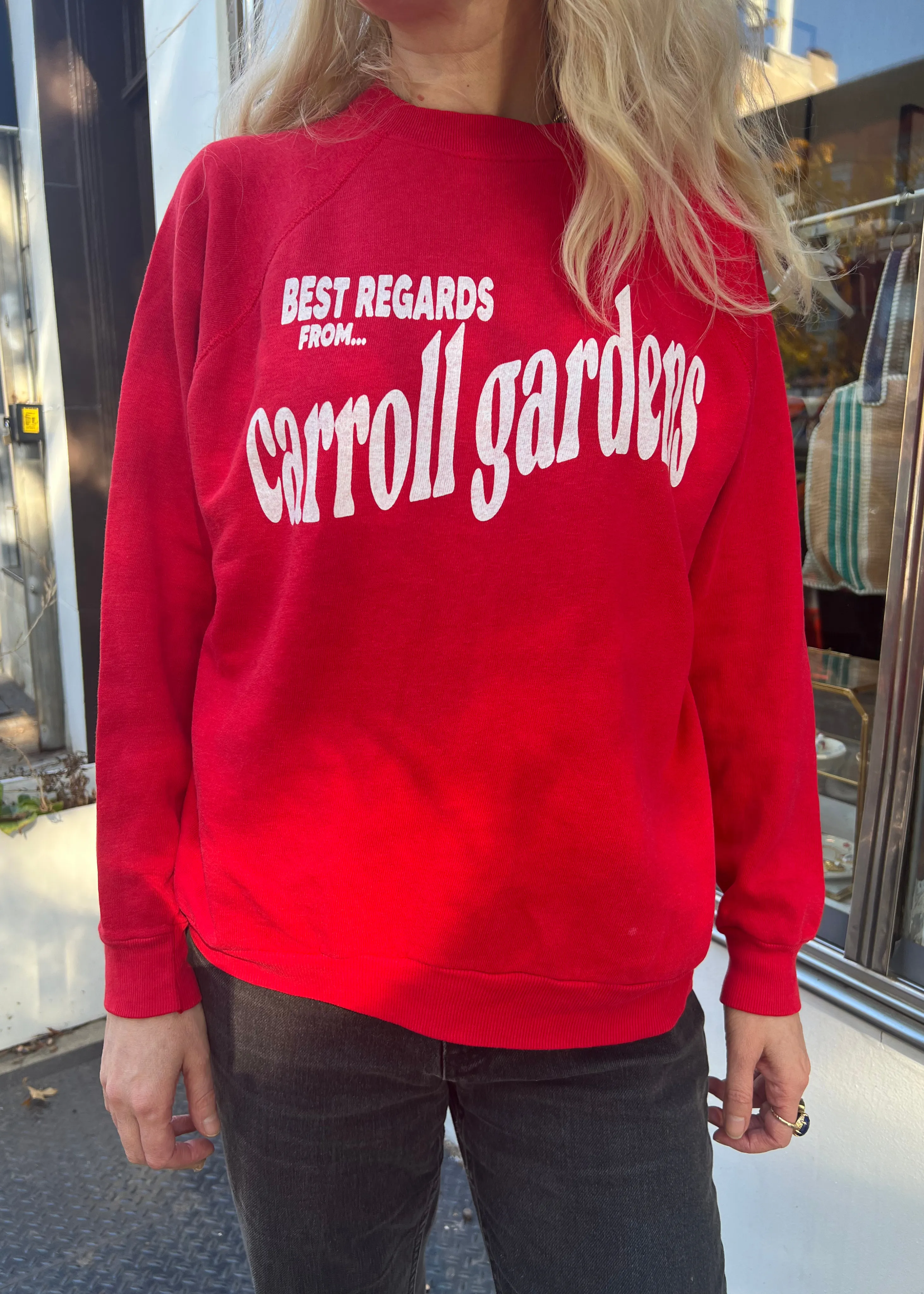 Neighborhood postcard upcycled sweatshirt, Carroll Gardens