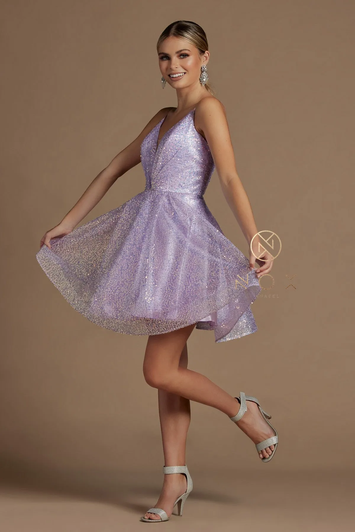 Nox Anabel R703 Size 12 Short Fit & Flare Sequin Formal Cocktails Dress V Neck Gown