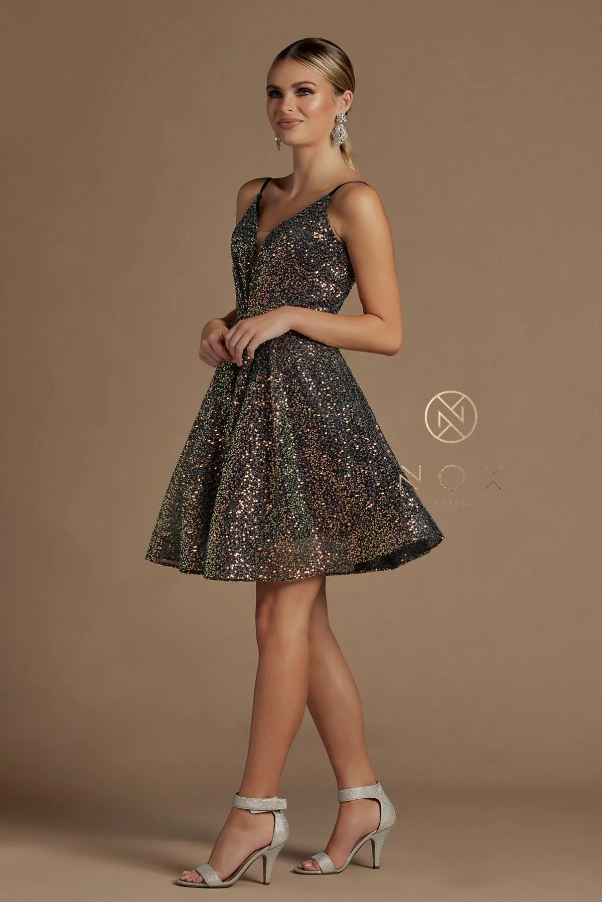 Nox Anabel R703 Size 12 Short Fit & Flare Sequin Formal Cocktails Dress V Neck Gown