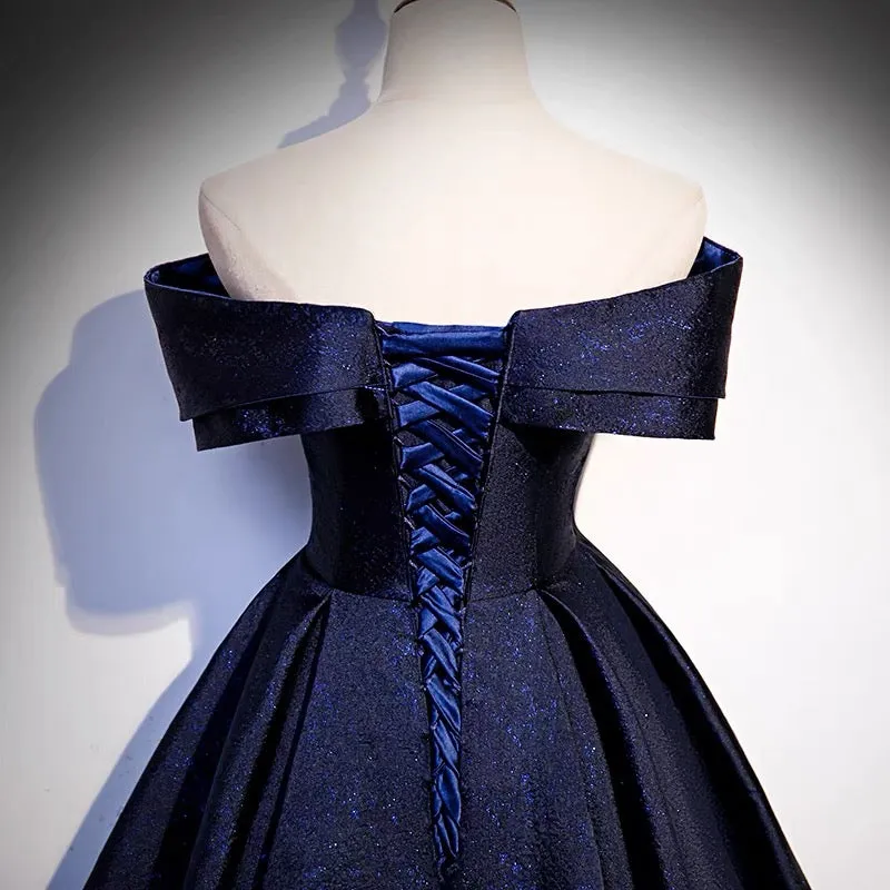 Off Shoulder Puffy Prom Dress in Navy Blue