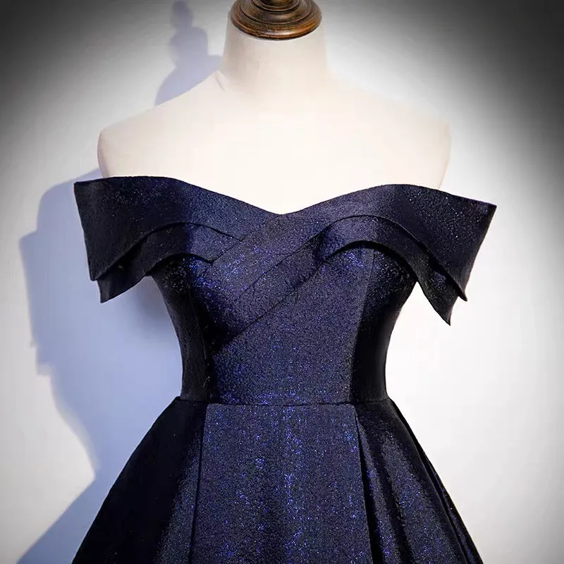 Off Shoulder Puffy Prom Dress in Navy Blue