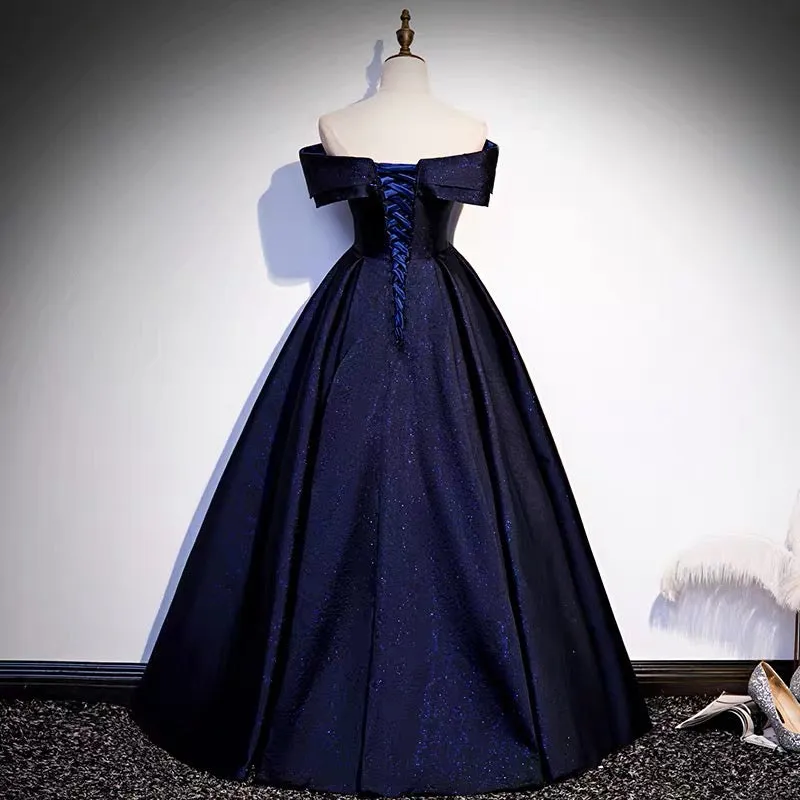 Off Shoulder Puffy Prom Dress in Navy Blue
