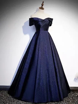 Off Shoulder Puffy Prom Dress in Navy Blue