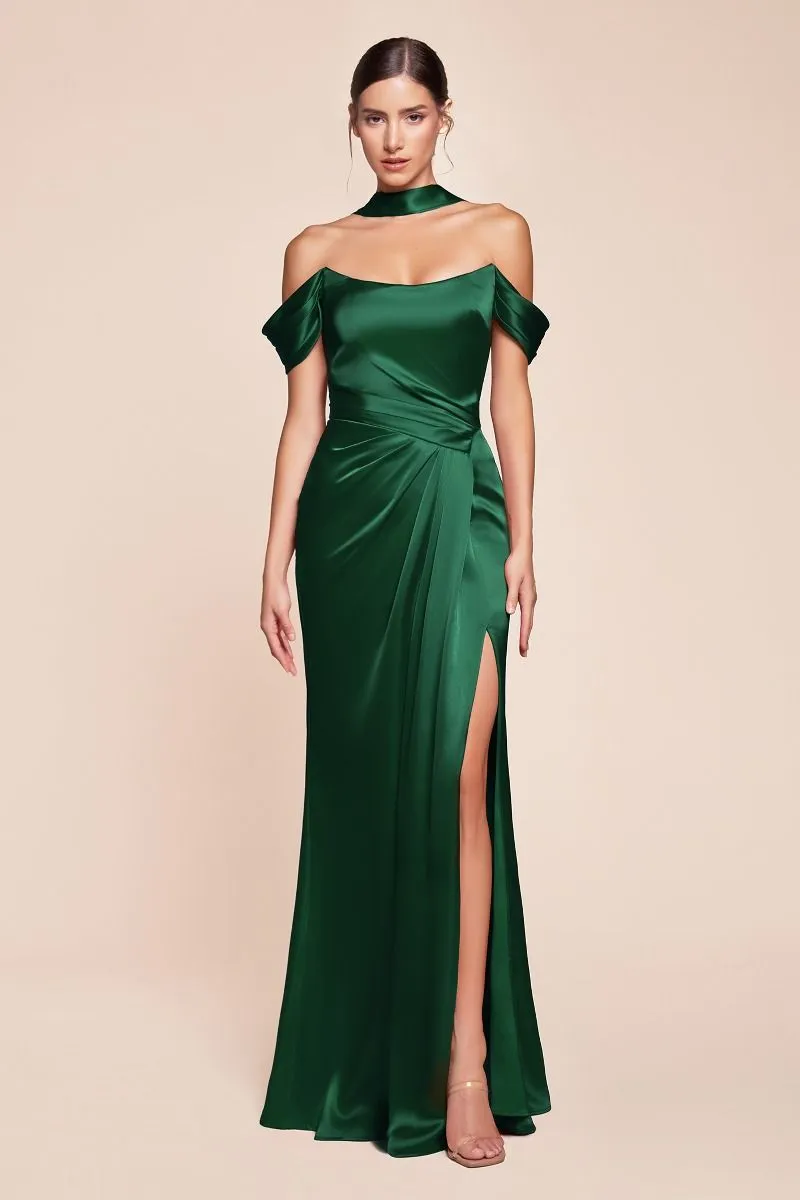OFF THE SHOULDER LACE UP CORSET SATIN GOWN CD7452
